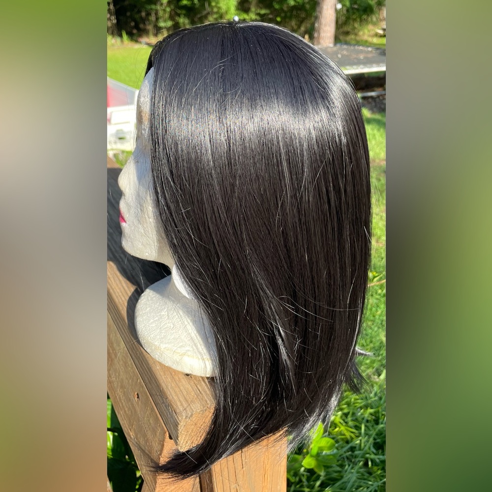 Long Black Bob Wig: No Bangs, straight.